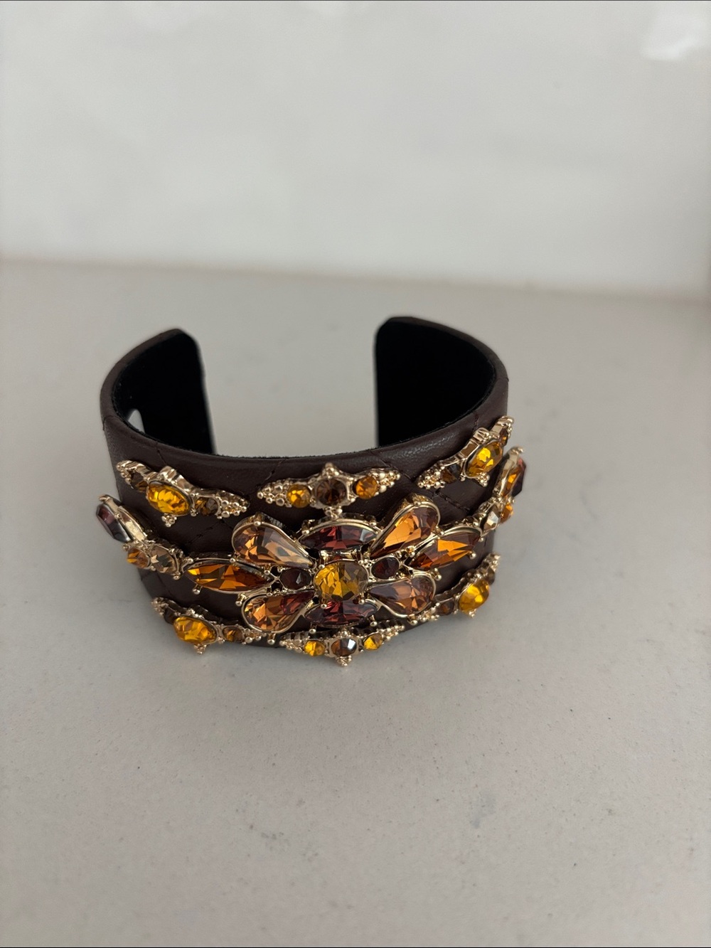 Embellished Brown Leather Cuff Bracelet with Amber Crystal Flower